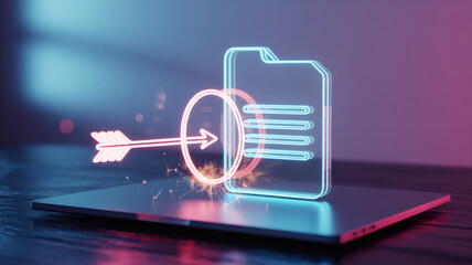 glass file icon hit by neon arrow with sparks representing targeted data transfer file upload and quick document delivery