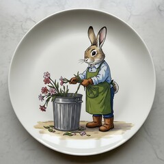 A whimsical ceramic plate features a gardening rabbit dressed in an apron and boots, arranging flowers in a metal container