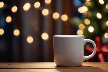 A white mug sits on a wooden table, illuminated by the soft glow of christmas lights in the background