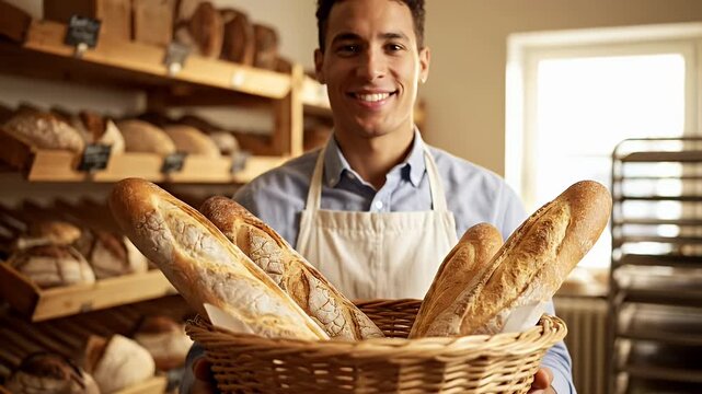 A man is smiling and holding a basket of bread in a bakery. The bakery has a variety of breads on display, including baguettes and loaves. The atmosphere is warm and inviting