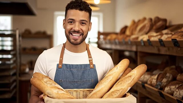 A man is smiling and holding a basket of bread in a bakery. The bakery is filled with various types of bread, including baguettes and loaves. The atmosphere is warm and inviting