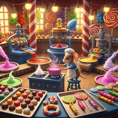 A whimsical confectionary scene features a mouse chef amidst colorful candies. Candy-making equipment fills the room