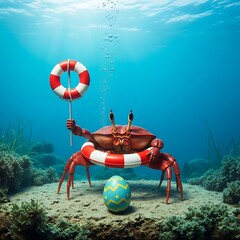 A whimsical crab, wearing a life preserver, holds another, with an Easter egg, underwater
