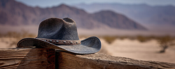 Cowboy hat rests on wooden fence with desert backdrop, evoking sense of adventure and rugged charm