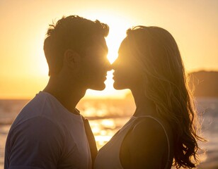 Couple silhouette kissing at sunset on beach, romantic evening light