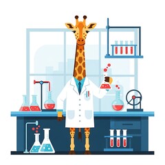 A whimsical depiction of a giraffe scientist in a lab coat, conducting experiments with various beakers and test tubes