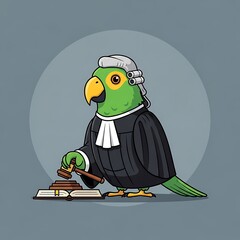 A whimsical depiction of a green parrot, dressed as a judge, holding a gavel over an open law book, in front of a blue background