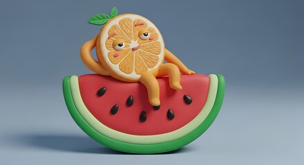Charming 3D Orange Character Relaxing on a Watermelon Slice.