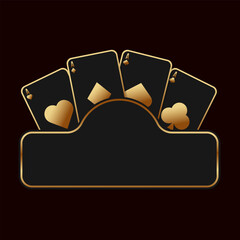 A black and gold sign with space for text and playing cards behind it. Design element for a casino flyer, invitation, business card, or VIP card.