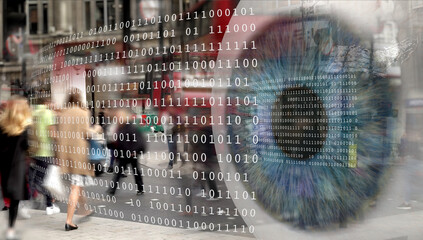 Big Brother concept: Digital eye with binary code over blurred city street, surveillance and data.