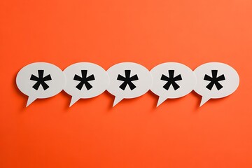 Row of White Speech Bubbles with Black Asterisks on Orange Background chat communication