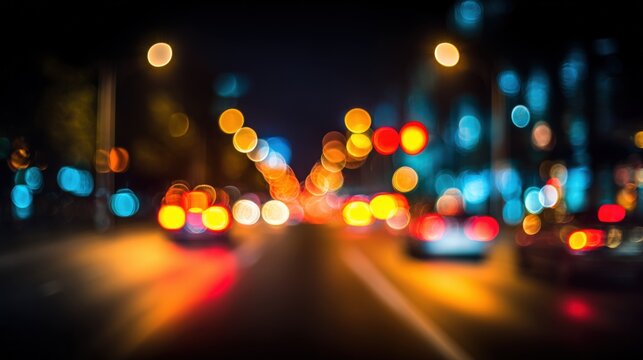 Night Cityscape Bokeh: Defocused Car Lights and Urban Glow Creates a Dreamy Atmosphere