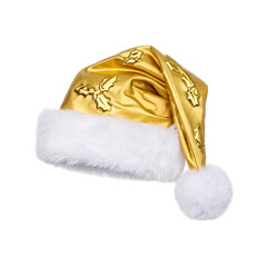 Elegant golden santa hat with holly leaf design isolated on transparent background