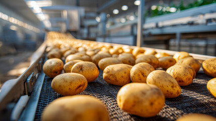 Freshly harvested potatoes moving along a conveyor belt inside a modern agricultural processing facility under natural sunlight and industrial lighting conditions