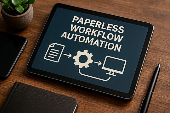 Paperless workflow automation on a tablet computer representing modern business and digital transformation.