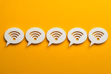 Five white speech bubbles with Wi Fi symbols arranged in a row on a yellow background wifi symbol wireless