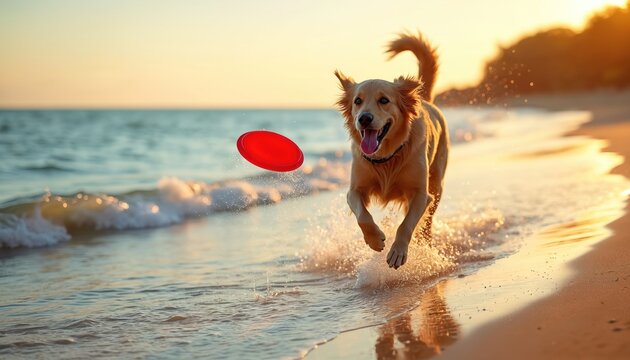 Golden retriever runs into ocean waves chasing red frisbee during sunset. Dog has happy expression, enjoys beach game. Water splashes around active pet having fun. - Powered by Adobe