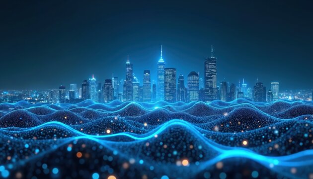Futuristic tech concept smart city skyline connected by digital wavy lines. Glowing network visualization represents big data flow. Urban innovation 5G IoT tech advancement in metropolis.