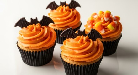 Four halloween cupcakes with orange frosting and bat and candy corn decorations
