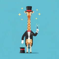A whimsical giraffe magician wearing a tuxedo, top hat, bow tie, and holding a wand with sparkling stars around. A magic hat sits beside it