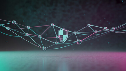 abstract network of nodes with central shield representing network security zero trust segmentation and protected connections