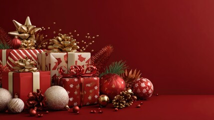 Assorted red gift boxes with ribbons among baubles and bokeh background. Christmas and New Year concept. Design for shopping ads, advertisement or banner with copy space for text.