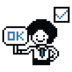 Obraz premium Cartoon pixel art cartoon 8bit character business man businessman smart graph work game decoration business 8 bit male career smart character game vector.