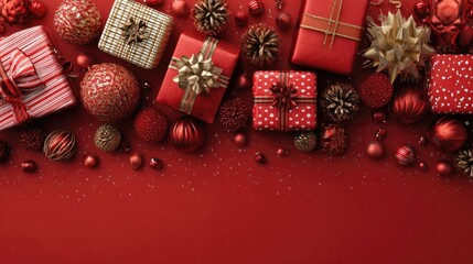 Assorted red gift boxes with ribbons among baubles and bokeh background. Christmas and New Year concept. Design for shopping ads, advertisement or banner with copy space for text.