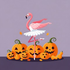 A whimsical Halloween scene with a pink flamingo in a tutu balancing atop jack-o'-lanterns