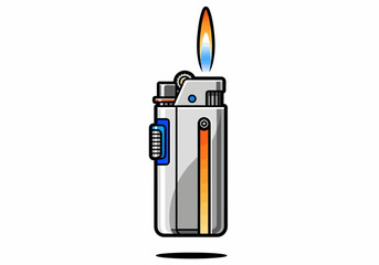 Cartoon Illustration of a Lit Silver and Orange Lighter.