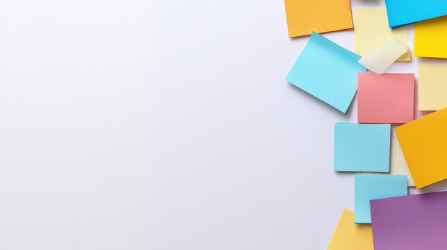 Innovation lab research brainstorm concept. Colorful sticky notes scattered on a white background.