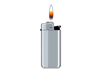 Silver Lighter with Flame Illustration on White Background.