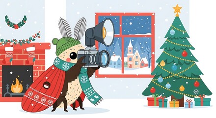A whimsical illustration depicts a moth dressed in winter attire taking a photo of a snowy townscape and a decorated Christmas tree
