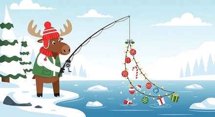 A whimsical illustration depicts a moose dressed for winter fishing, using holiday ornaments as bait in a snowy landscape