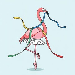 A whimsical illustration depicts a pink flamingo in ballet attire, gracefully poised with colorful ribbons entwined around its body