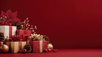 Assorted red gift boxes with ribbons among baubles and bokeh background. Christmas and New Year concept. Design for shopping ads, advertisement or banner with copy space for text.