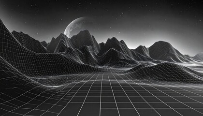 Abstract Landscape with Moon and Grid, Black and White.