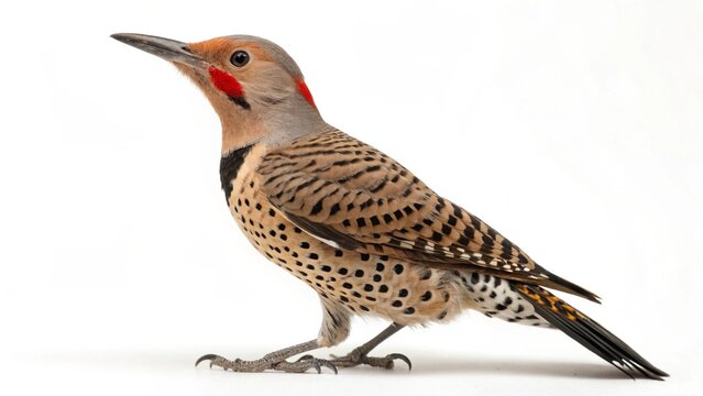 Realistic Northern Flicker woodpecker isolated on white studio background, detailed brown and black spotted plumage, red nape, barred wings, sharp focus, professional lighting