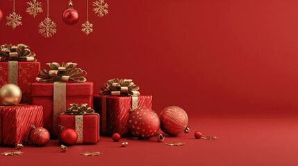 Assorted red gift boxes with ribbons among baubles and bokeh background. Christmas and New Year concept. Design for shopping ads, advertisement or banner with copy space for text.