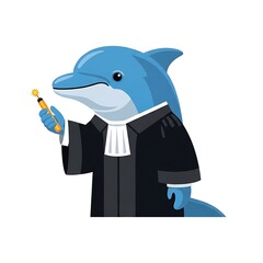 A whimsical image featuring a cartoon dolphin in judicial attire, holding a gavel, against a plain white background