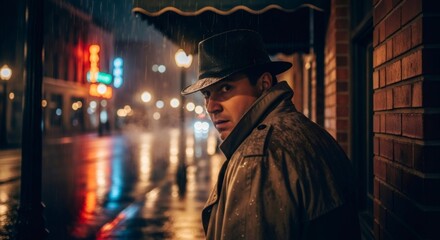 Man in fedora and trench coat looking over shoulder on a rainy night street with blurred city lights. Film noir detective suspense concept.