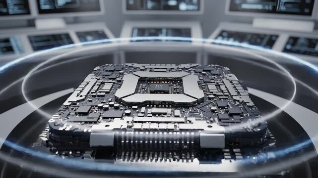 High-Tech Microprocessor on Display in Futuristic Data Center with Advanced Technology Background and Bright Lighting Effects