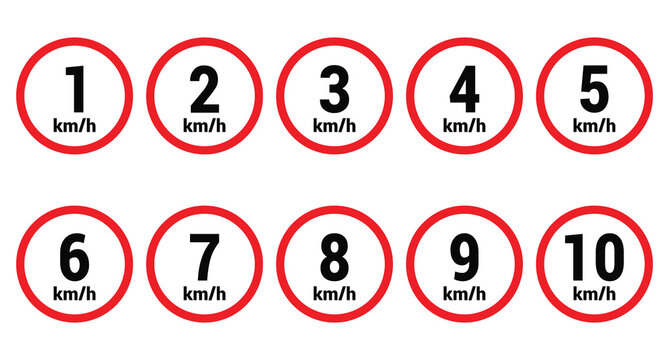 Speed limit sign 1, 2, 3, 4, 5, 6, 7, 8, 9 and 10 km h icon vector design illustration