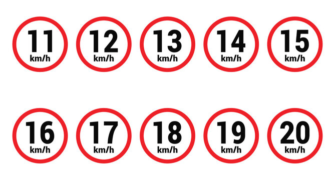 Speed limit sign 11, 12, 13, 14, 15, 16, 17, 18, 19 and 20 km h icon vector design illustration