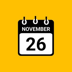 November 26 Calendar Vector Illustration. New Year Date Icon. Day calendar with date november 26. Week Starts on Sunday. Checklist day calendar. 