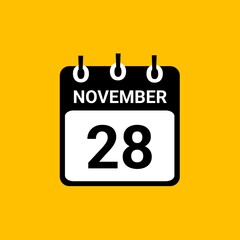 November 28 Calendar Vector Illustration. New Year Date Icon. Day calendar with date november 28. Week Starts on Sunday. November 28 calendar icon.