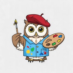 A whimsical owl, dressed as a painter, holds a brush and palette, adorned in a beret, and a smock