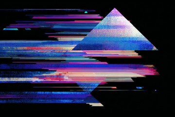 Abstract digital glitch art features colorful horizontal lines and pixelated triangle shapes against a solid black background.