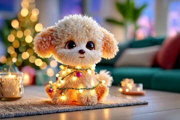Fototapeta premium Celebración navideña con un perro de peluche iluminado y decoraciones en una sala acogedora