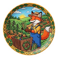 A whimsical plate design features a fox in overalls harvesting corn in a vibrant farm scene surrounded by a decorative border